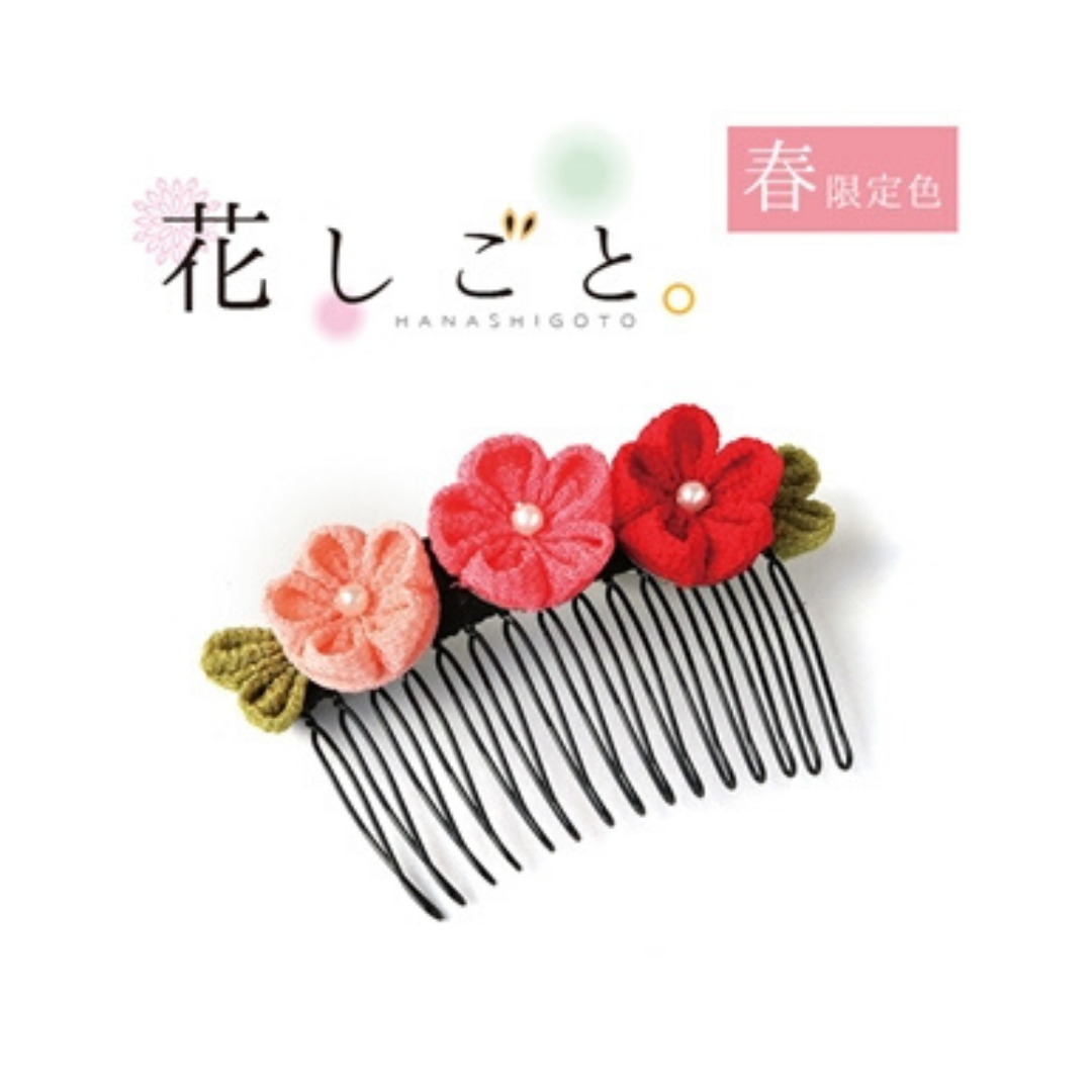 Hanashigoto Tsumami Kanzashi Hair Comb Craft Kit - Pink & Red Flowers