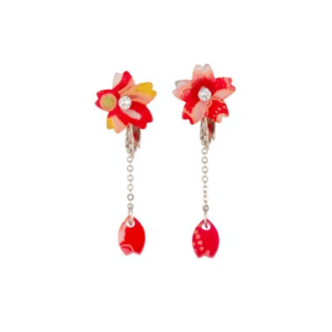 Japanese Fabric Sakura Flower Resin Earrings - Red