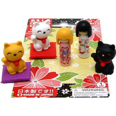 Iwako Puzzle Erasers - Kokeshi & Lucky Cat (Made in Japan)