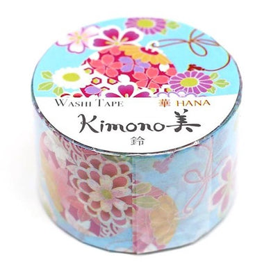 Kamiiso Yuzen Washi Tape - Kimono "Hana" Series - Blue with Flowers (Made in Japan)