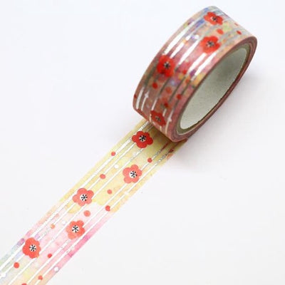 Kamiiso SAIEN Washi Tape - Gold with Red Flowers (Made in Japan)