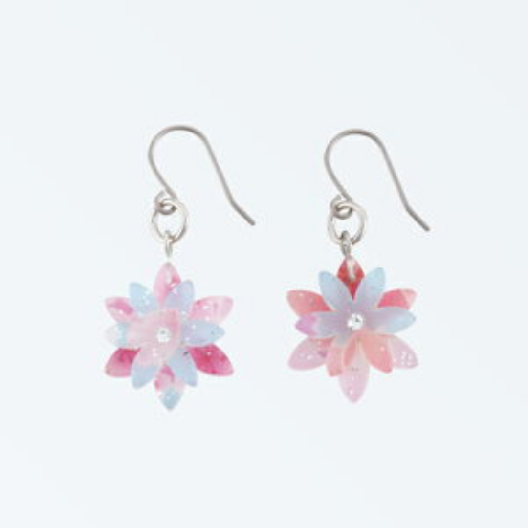 Japanese Fabric Flower Resin Earrings - Pink / Blue