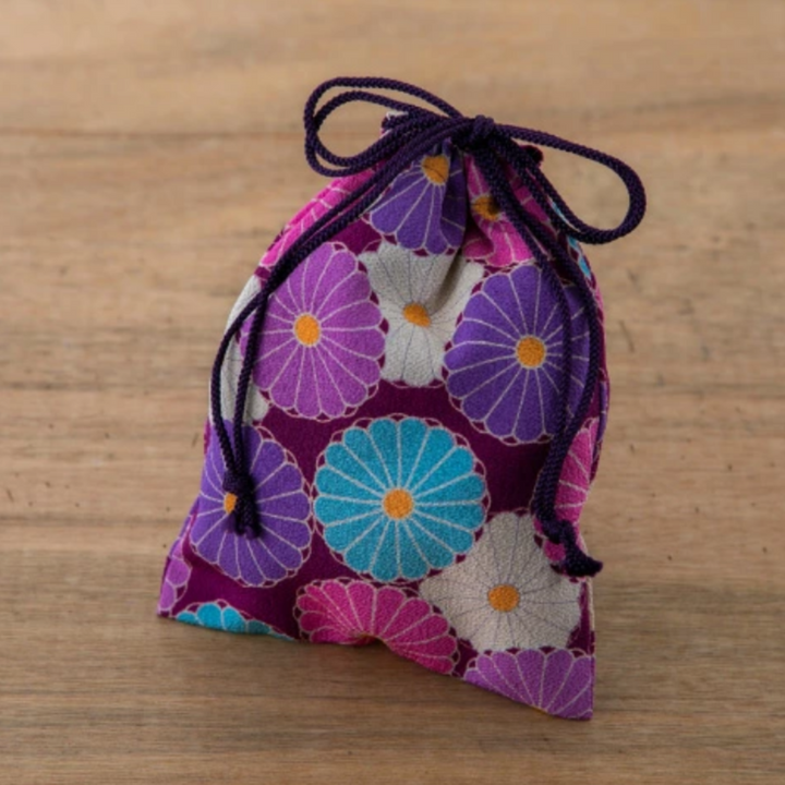 Corazon Chirimen Fabric Drawstring Pouch - "Kiku" Chrysanthemum - Purple (Made in Japan)