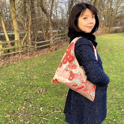 Noren Japanese Furoshiki Foldable Bag - Floral Red (Made in Japan)