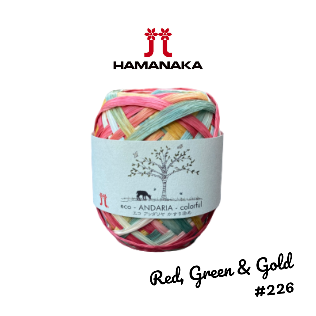 Hamanaka Eco-Andaria Colourful Raffia Yarn - Red, Green & Gold #226
