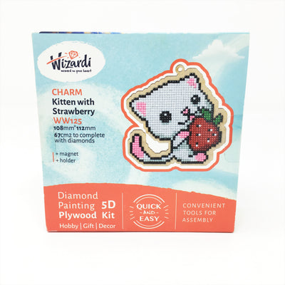 Wizardi Wooden Charms Diamond Painting Kit - Kitten with Strawberry