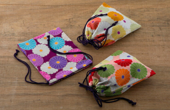 Corazon Chirimen Fabric Drawstring Pouch - "Kiku" Chrysanthemum - Purple (Made in Japan)