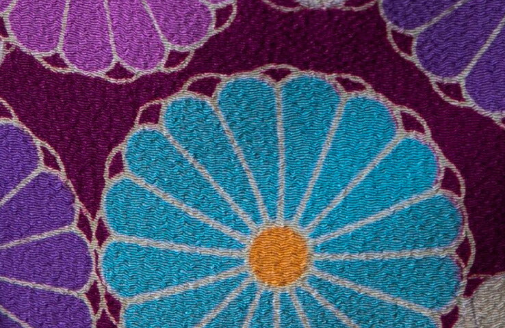 Corazon Chirimen Fabric Drawstring Pouch - "Kiku" Chrysanthemum - Purple (Made in Japan)