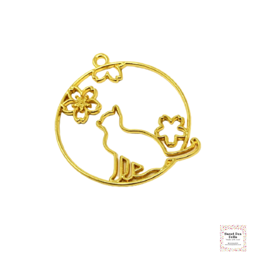 Resin Open Back Bezel - Golden Cat with Sakura