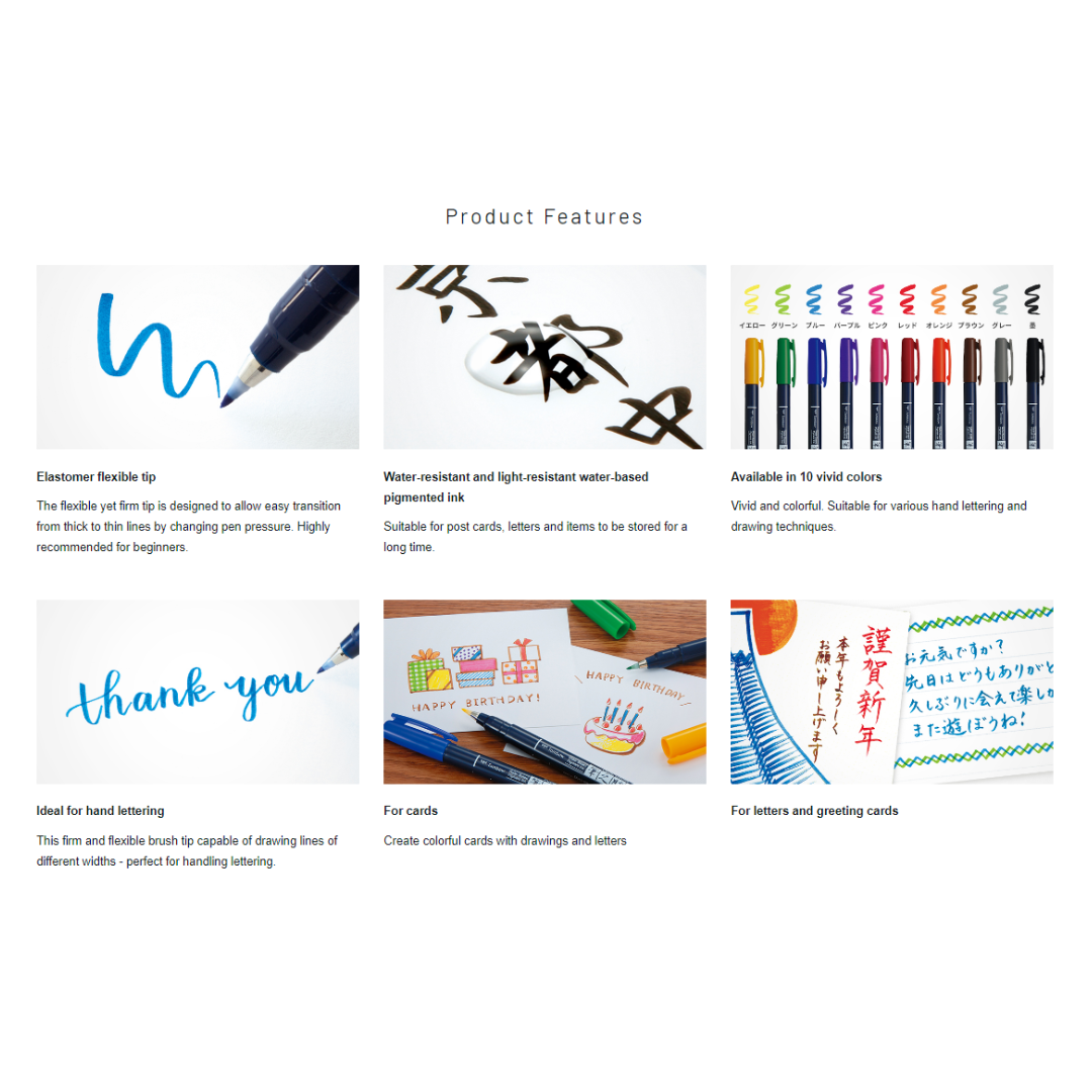 Tombow Fudenosuke Brush Pen - 10 Colour Set - Hard Tip