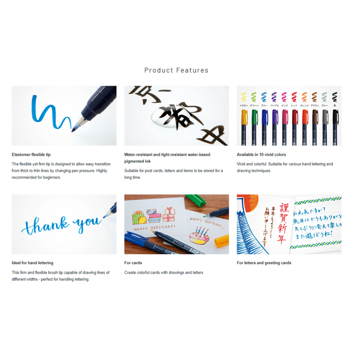 Tombow Fudenosuke Brush Pen - 10 Colour Set - Hard Tip