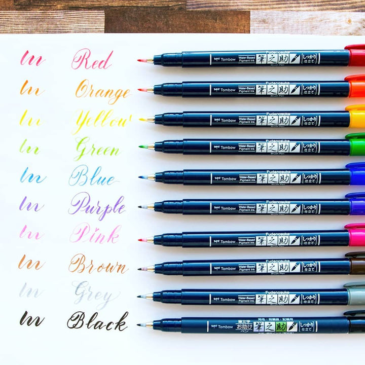 Tombow Fudenosuke Brush Pen - 10 Colour Set - Hard Tip