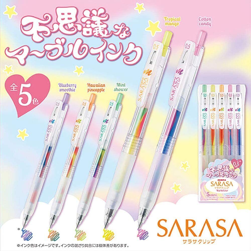 Zebra Sarasa Clip Marble Gel Pens - 0.5mm Tip - 5 Individual Colours