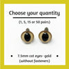 Gold Plastic Cat Craft Eyes - 7.5mm (Choose quantity)